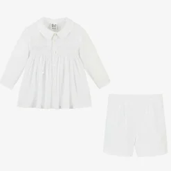 Boys White Hand-Smocked Buster Suit
