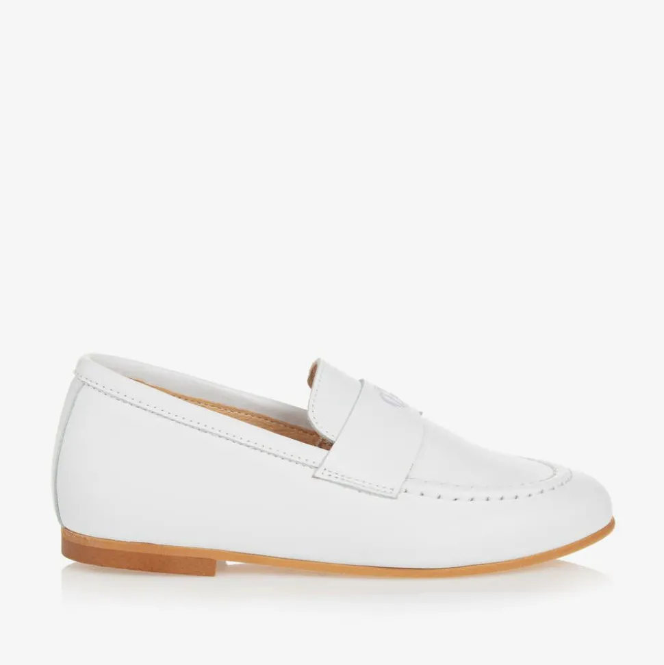 Boys White Leather Monogram Loafers