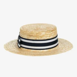 Girls Beige & Blue Straw Boater