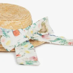 Girls Beige & Floral Trim Straw Hat