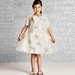 Girls Beige & Gold Satin Bow Sandals