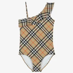 Girls Beige Check Swimsuit