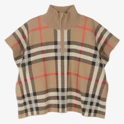 Girls Beige Check Wool Cape