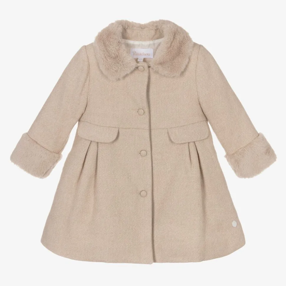 Girls Beige Cotton & Faux Fur Coat