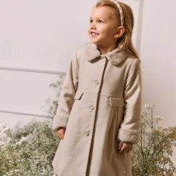 Girls Beige Cotton & Faux Fur Coat