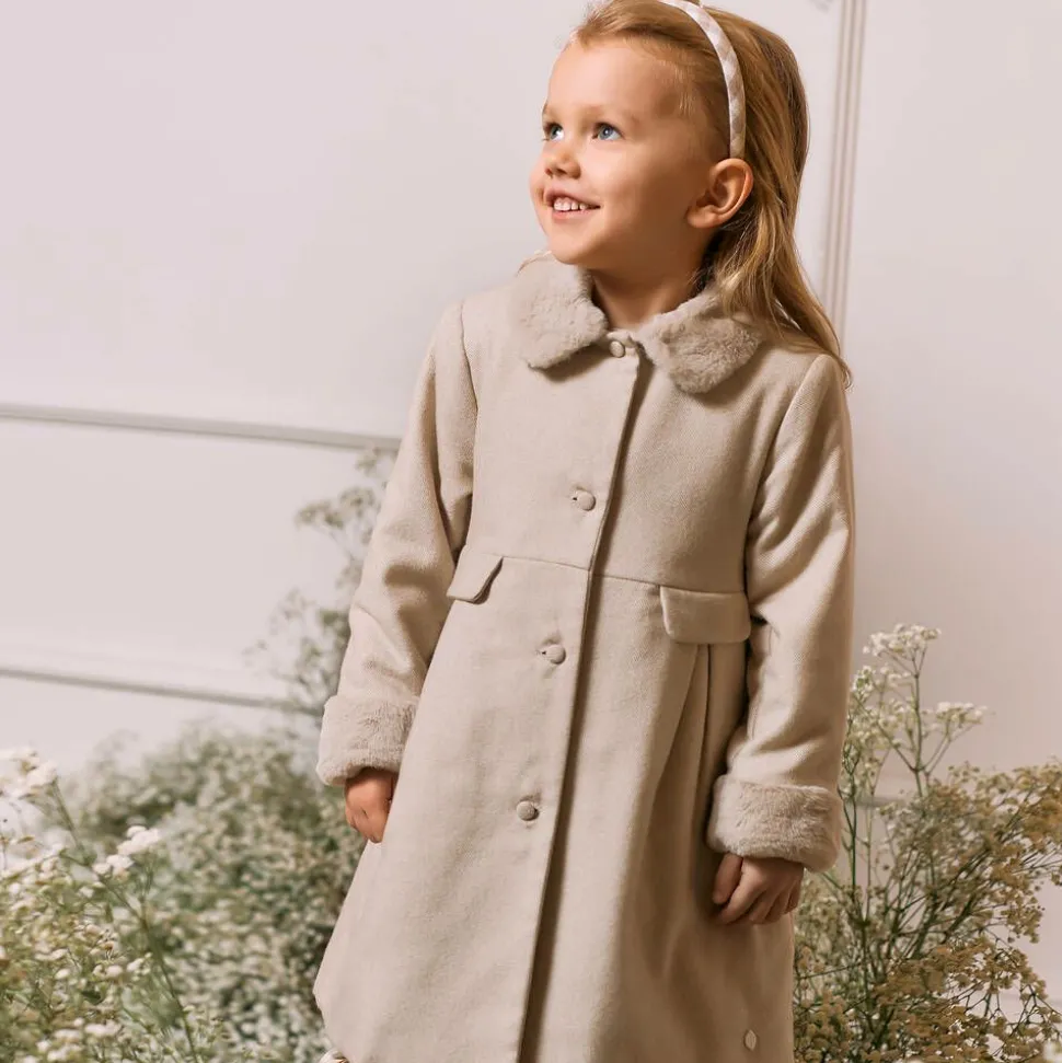 Girls Beige Cotton & Faux Fur Coat