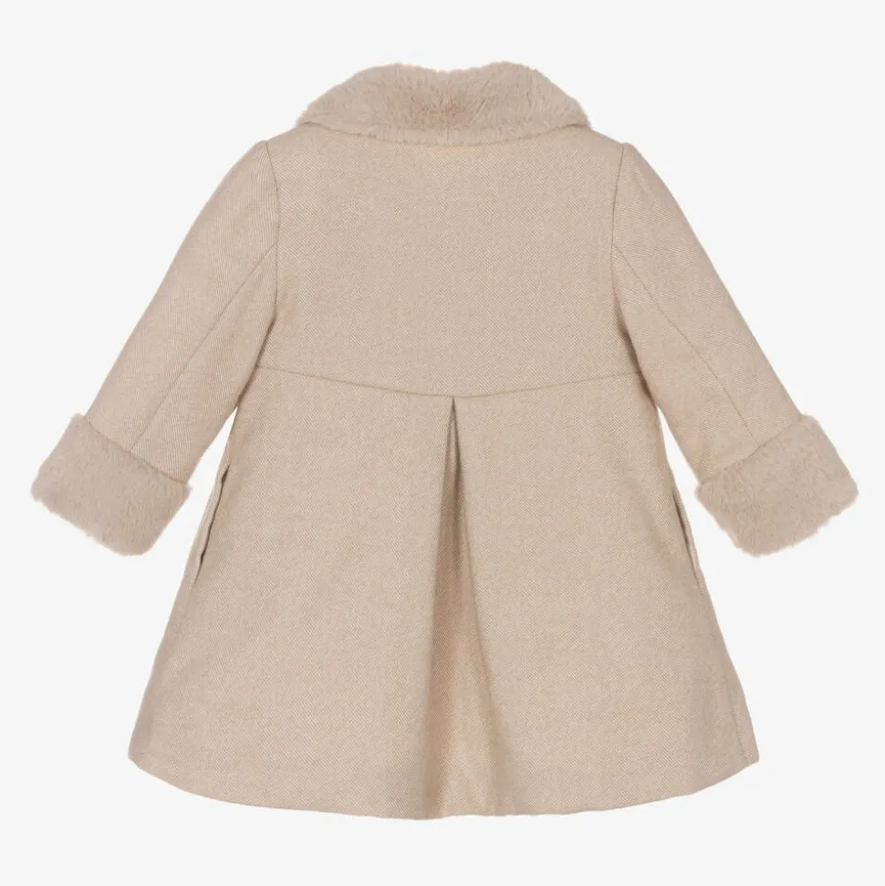 Girls Beige Cotton & Faux Fur Coat