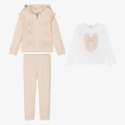 Girls Beige Cotton Bow Tracksuit Set