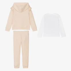 Girls Beige Cotton Bow Tracksuit Set