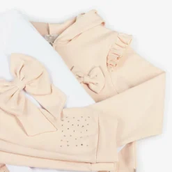 Girls Beige Cotton Bow Tracksuit Set