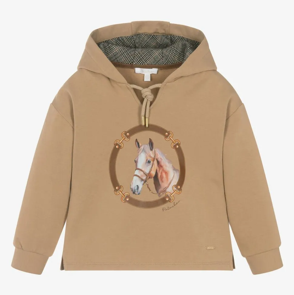 Girls Beige Cotton Horse Print Hoodie