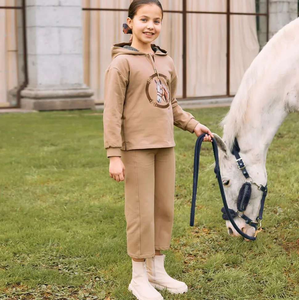 Girls Beige Cotton Horse Print Hoodie
