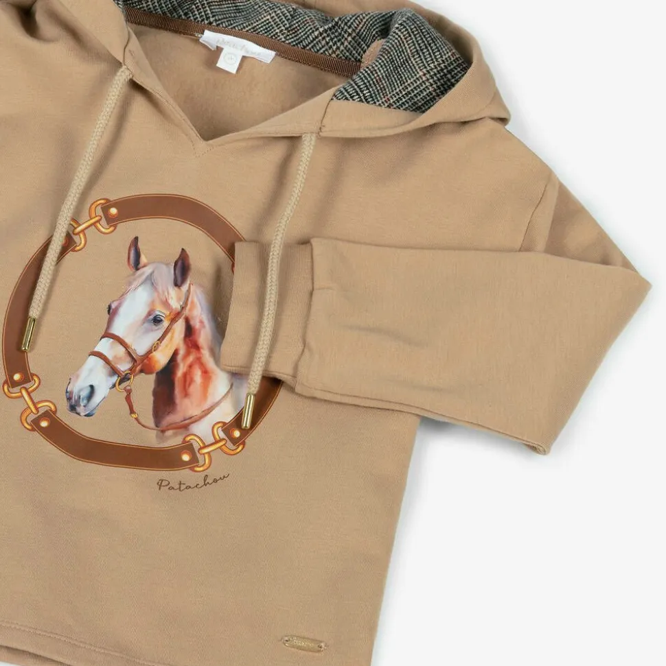 Girls Beige Cotton Horse Print Hoodie