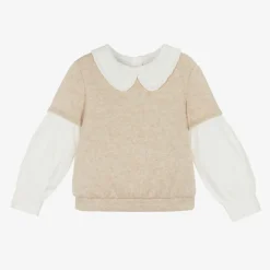 Girls Beige Cotton Layered Sweatshirt