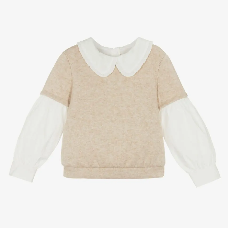 Girls Beige Cotton Layered Sweatshirt