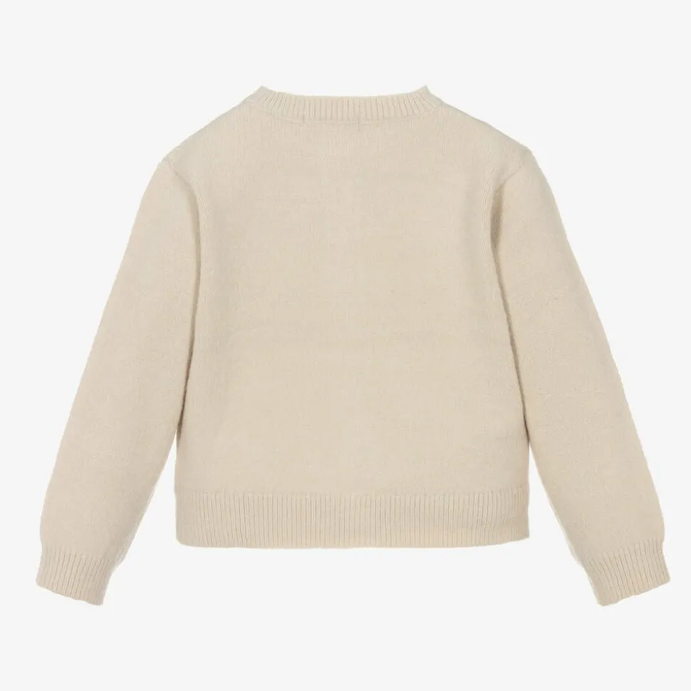 Girls Beige Embroidered Flowers Cardigan