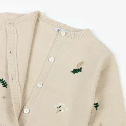 Girls Beige Embroidered Flowers Cardigan