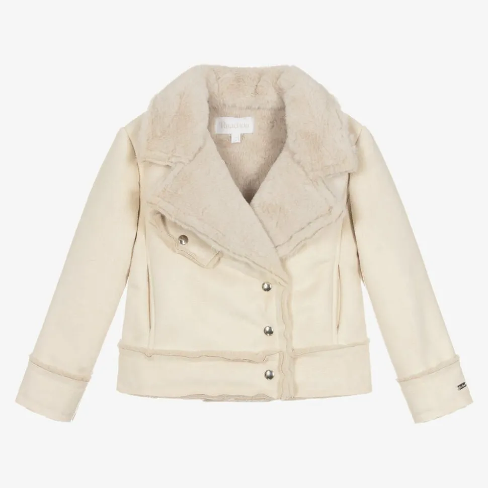 Girls Beige Faux Suede & Faux Fur Jacket