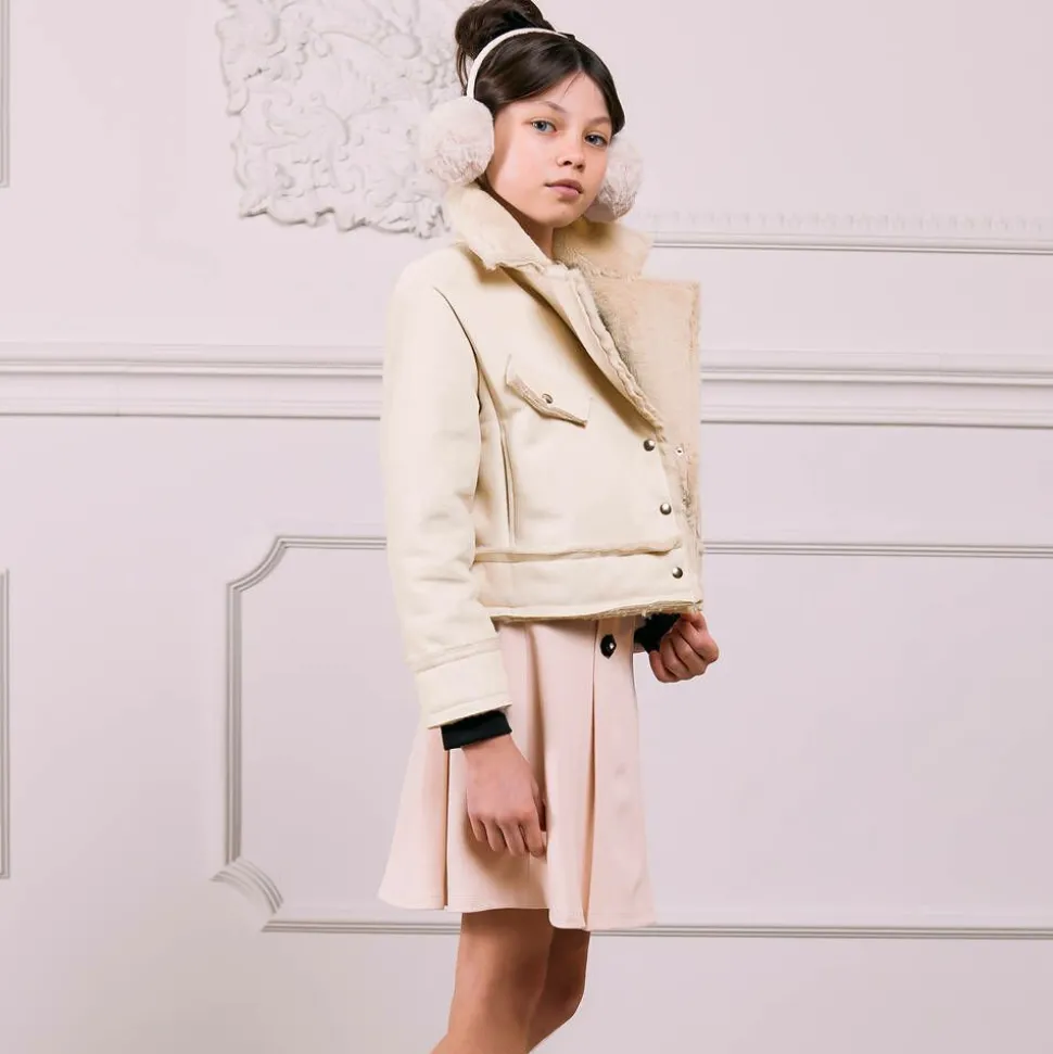 Girls Beige Faux Suede & Faux Fur Jacket