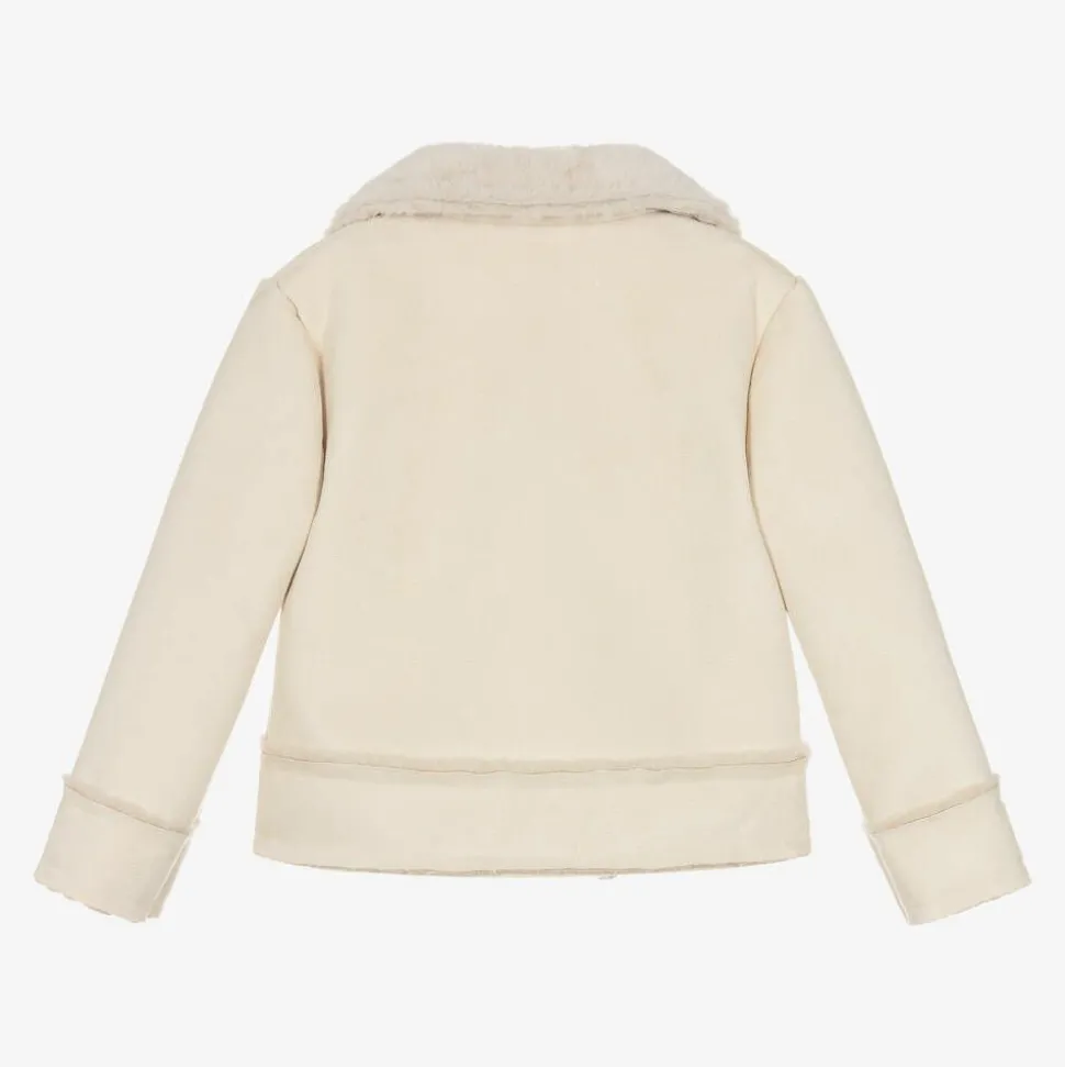 Girls Beige Faux Suede & Faux Fur Jacket