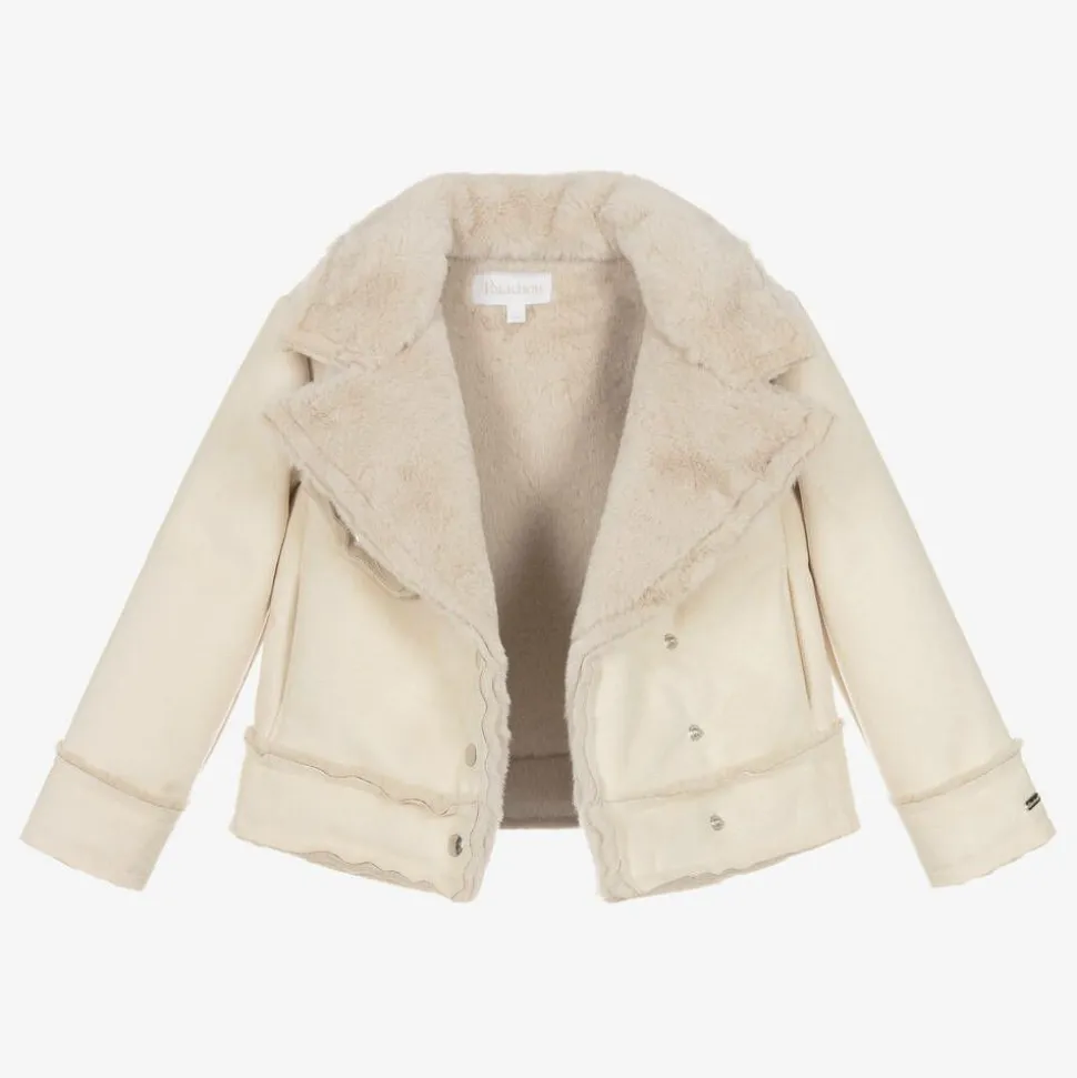 Girls Beige Faux Suede & Faux Fur Jacket