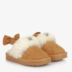 Girls Beige Faux Suede Sparkle Slippers