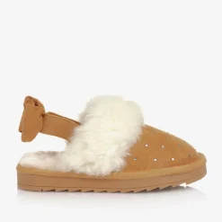 Girls Beige Faux Suede Sparkle Slippers