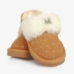 Girls Beige Faux Suede Sparkle Slippers