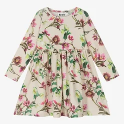 Girls Beige Floral Cotton Dress