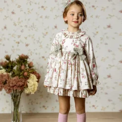 Girls Beige Floral Print Cotton Dress