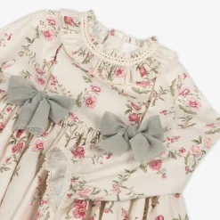 Girls Beige Floral Print Cotton Dress