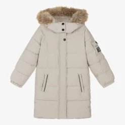 Girls Beige Hooded Parka Coat