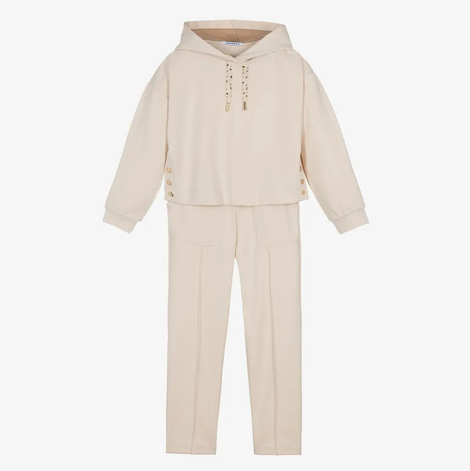 Girls Beige Hooded Tracksuit