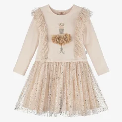 Girls Beige Jersey & Tulle Dress
