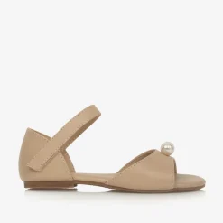Girls Beige Leather & Faux Pearl Sandals