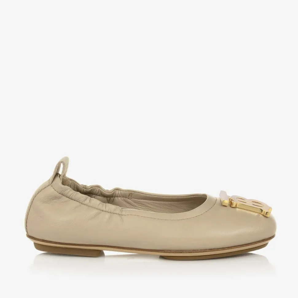 Girls Beige Leather Ballerinas