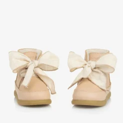 Girls Beige Leather Bow First Walker Boots