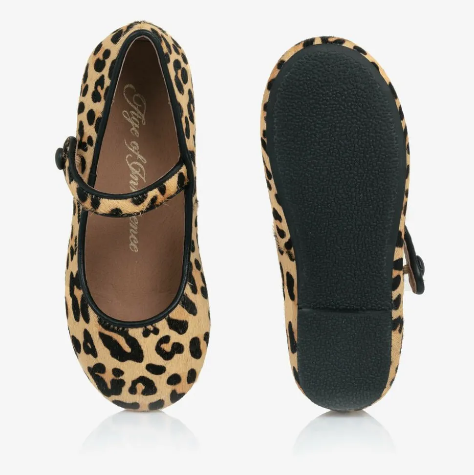 Girls Beige Leopard Print Bar Shoes