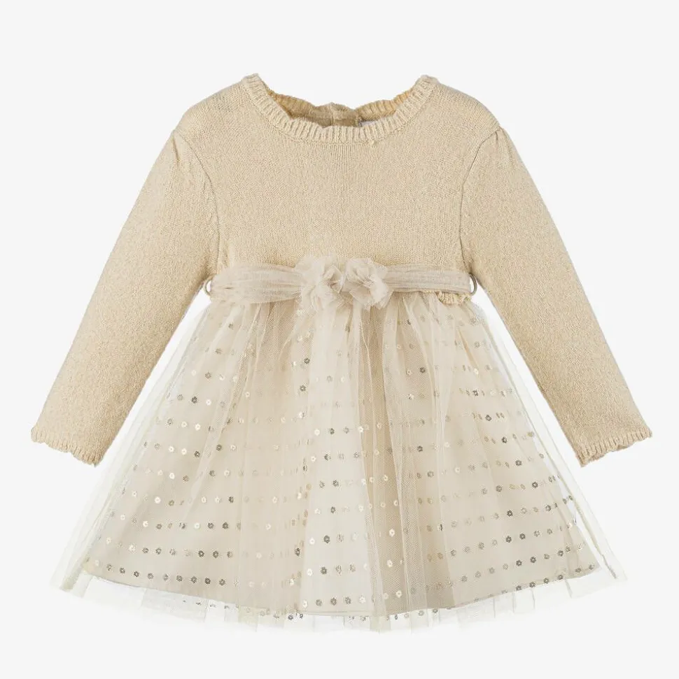 Girls Beige Lurex Knit & Tulle Dress