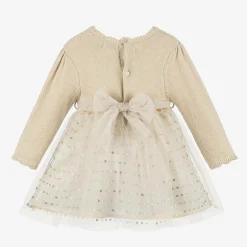 Girls Beige Lurex Knit & Tulle Dress