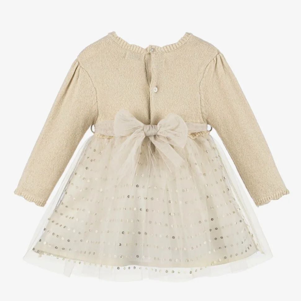 Girls Beige Lurex Knit & Tulle Dress