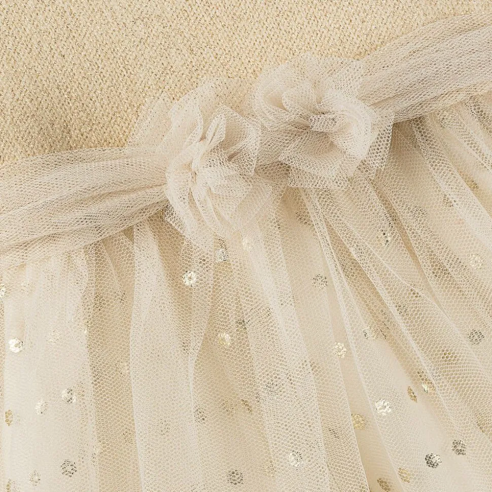 Girls Beige Lurex Knit & Tulle Dress