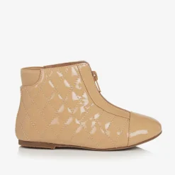 Girls Beige Patent Leather Quilted Boots