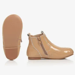 Girls Beige Patent Leather Chelsea Boots