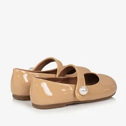 Girls Beige Patent Leather Pearl Shoes