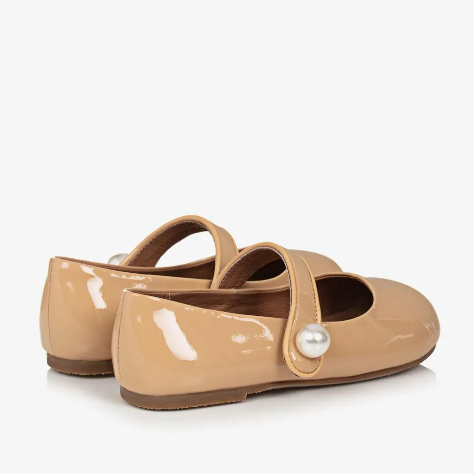 Girls Beige Patent Leather Pearl Shoes