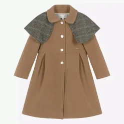 Girls Beige Shawl Collar Coat