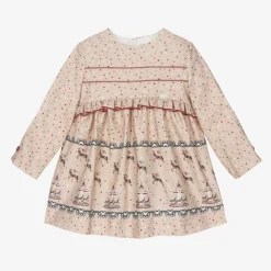 Girls Beige Star Print Cotton Dress