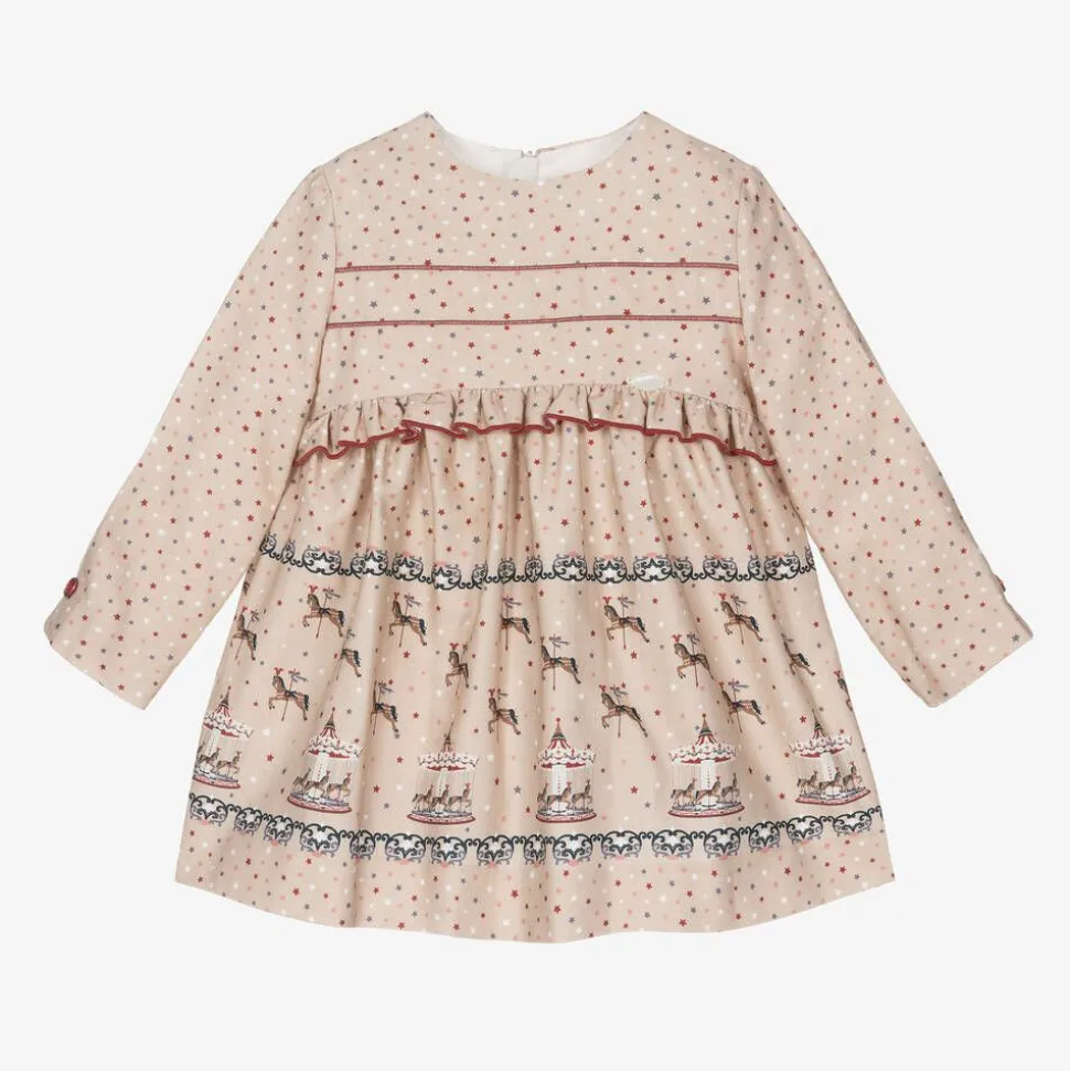 Girls Beige Star Print Cotton Dress