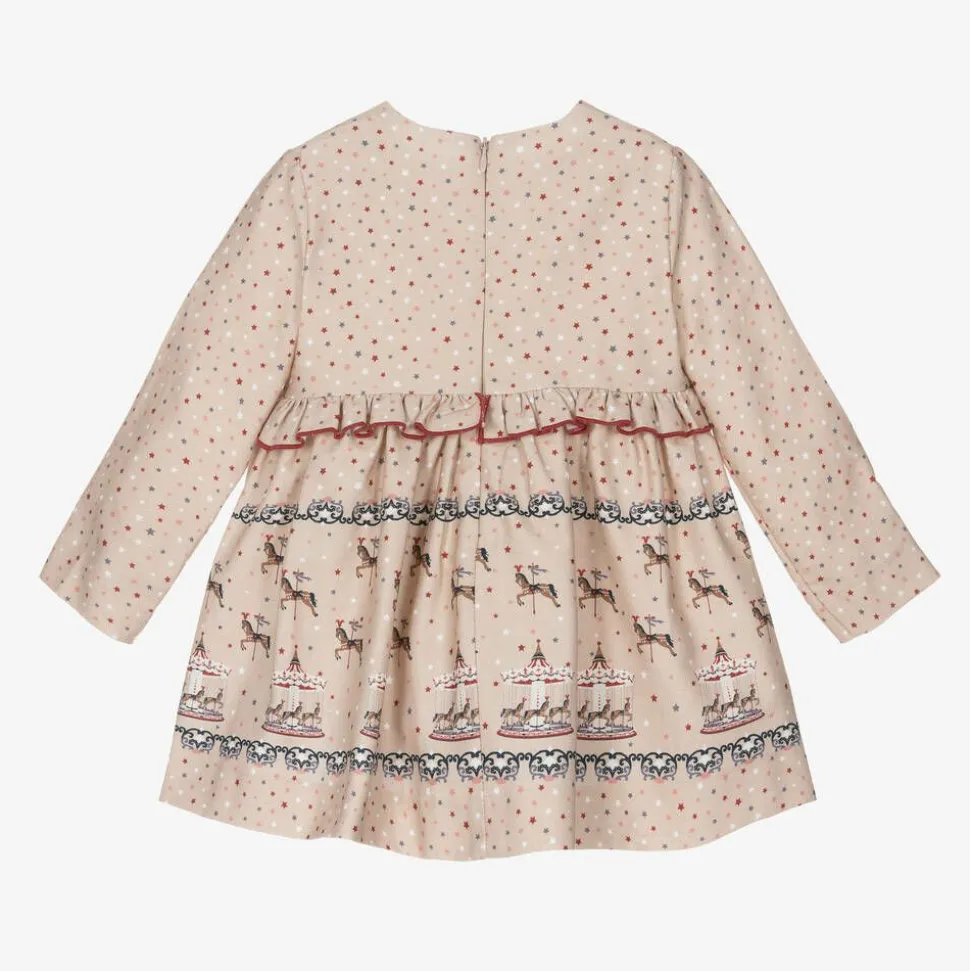 Girls Beige Star Print Cotton Dress